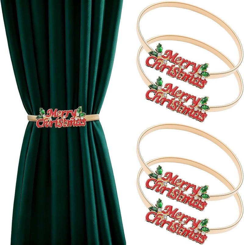 LLPMutu 4 Pack Christmas Curtain Tieback Buckle Aluminum Alloy Spring Design Curtain Holdback Carving Design Christmas Curtain Ties for Drapes Curtain Ties Backs Modern Christmas Decor (Merry Christmas) - Image 1